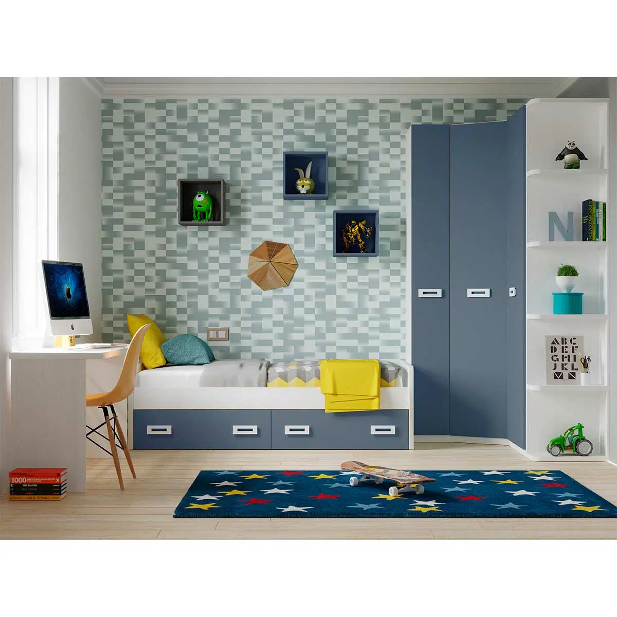 Dormitorio juvenil completo Blanco/Azul Start 04 - Muebles Juvial