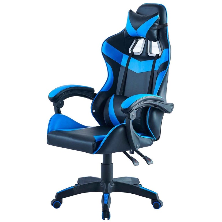 Silla gaming XXL tapizada en polipiel, ergonómica, con dos cojines, asiento elevable y reclinable, en azul-negro