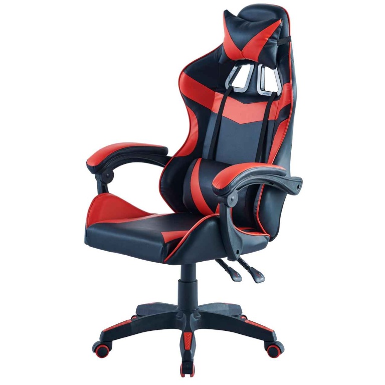 Silla gaming XXL tapizada en polipiel, ergonómica, con dos cojines, asiento elevable y reclinable, en rojo-negro.