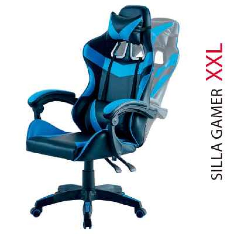 caracteristicas Silla gaming XXL tapizada en polipiel, ergonómica, con dos cojines, asiento elevable y reclinable, en azul-negro