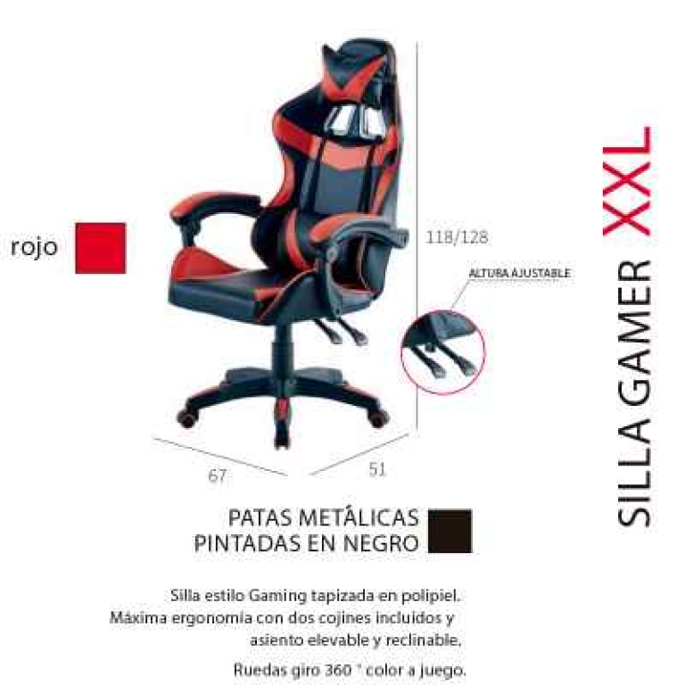 medidas Silla gaming XXL tapizada en polipiel, ergonómica, con dos cojines, asiento elevable y reclinable, en rojo-negro.