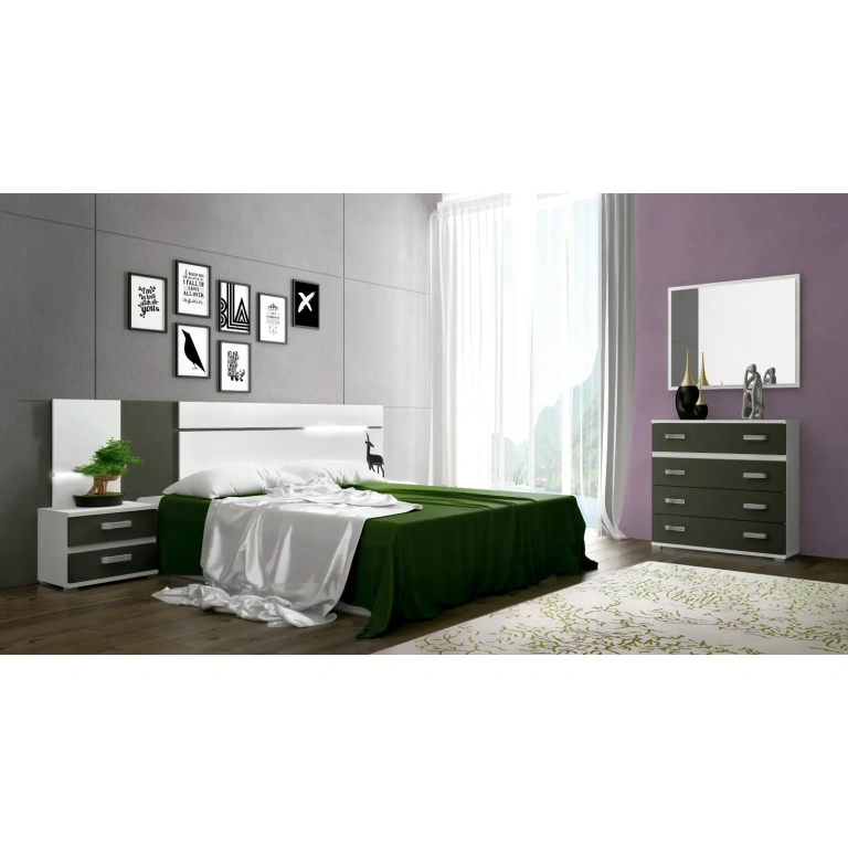 Dormitorio Cabra 02 completo con cabecero LED y muebles blanco-grafito
