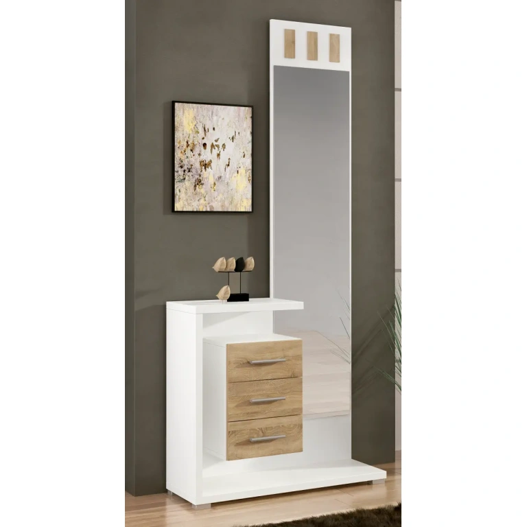 Recibidor con espejo Prisma en combinación Cambria-blanco, con 3 cajones, estantes y espejo vertical, diseño actual y funcional.