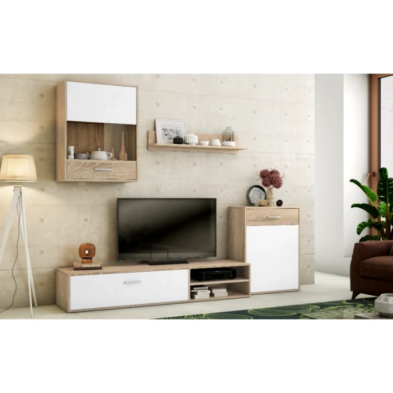 Composición salón Helena en cambria y blanco con muebles minimalistas