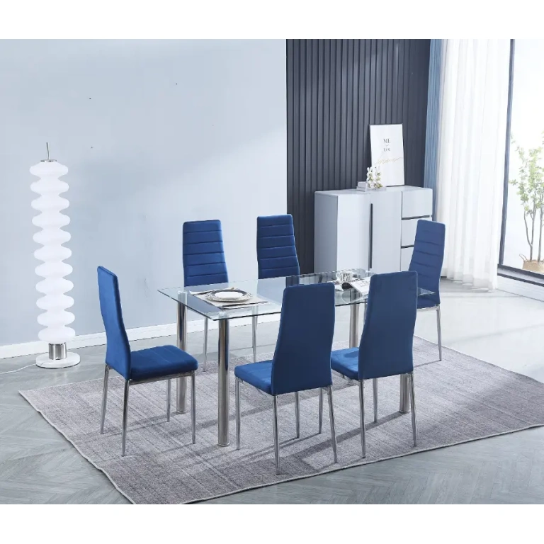 conjunto Avatar con mesa de cristal y 6 sillas tapizadas en azul velvet