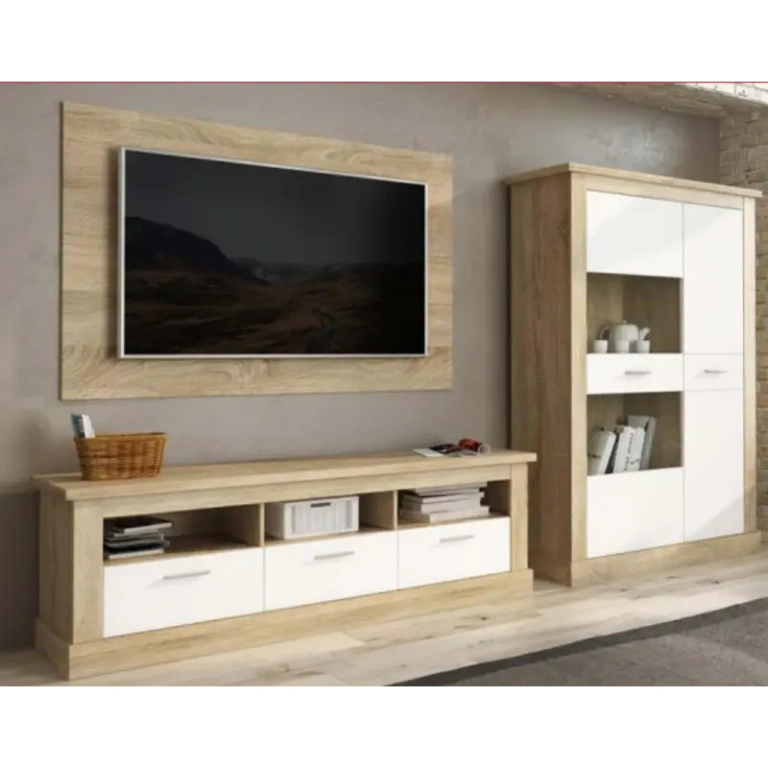 composición Chellén 05 en cambria-blanco con bajo TV, panel mural y vitrina