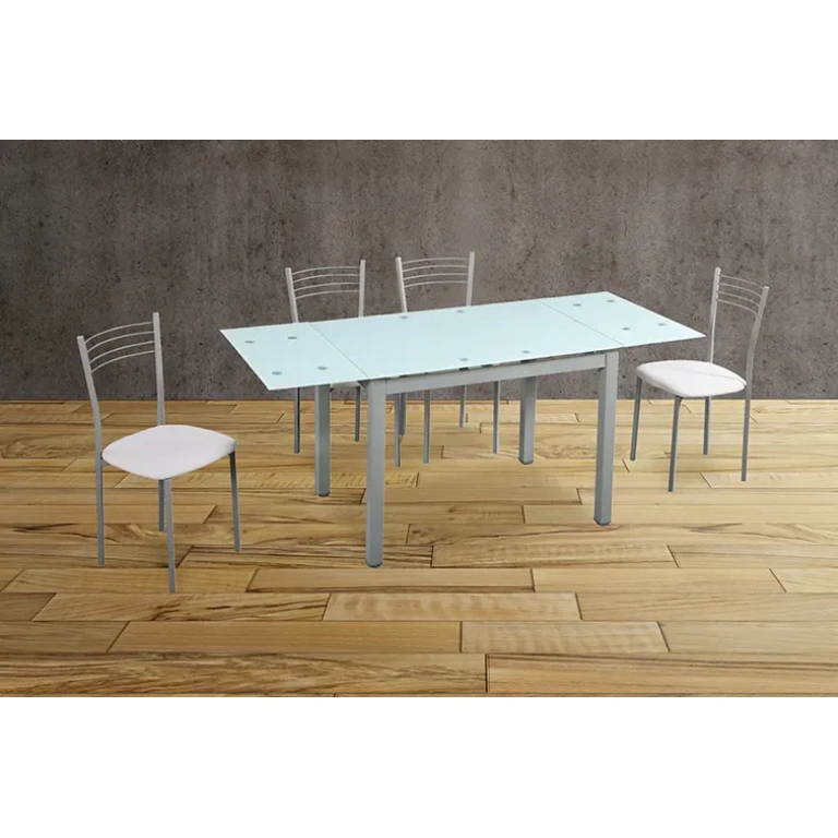 Conjunto de cocina Mod.70 con mesa extensible blanca de cristal y 4 sillas Mod.20 blancas con estructura metálica gris.