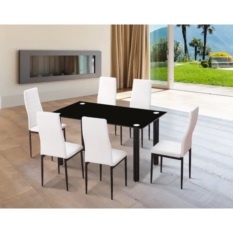 Conjunto de comedor Emi mesa de cristal y 6 sillas modernas en blanco – Muebles Juvial Hellín
