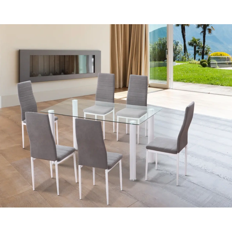 Mesa comedor YURI patas blancas con tapa cristal templado