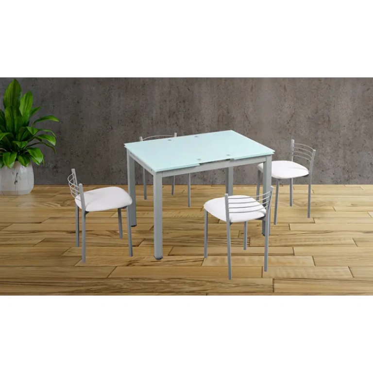 conjunto mesa de cocina extensible con tapa de cristal blanco y 4 taburetes blancos