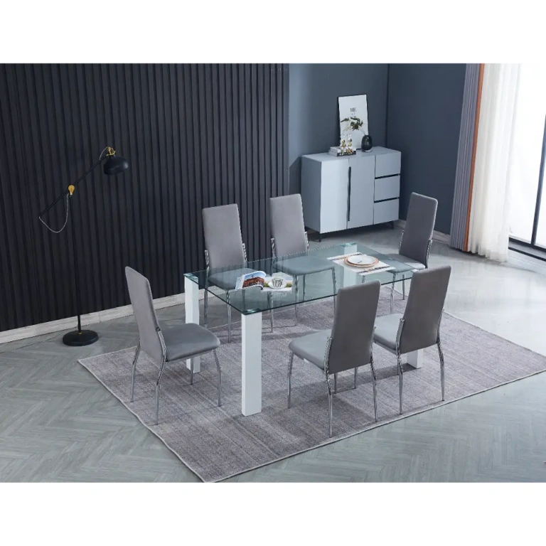 Conjunto Mesa Hana con 6 Sillas Sakura tapizadas en marengo