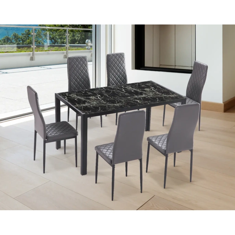 Conjunto mesa MÁRMOL + 6 sillas con mesa de cristal efecto mármol negro y sillas tapizadas en polipiel gris