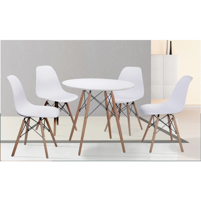 Conjunto mesa redonda y 4 sillas Dinamarca blancas con patas de madera