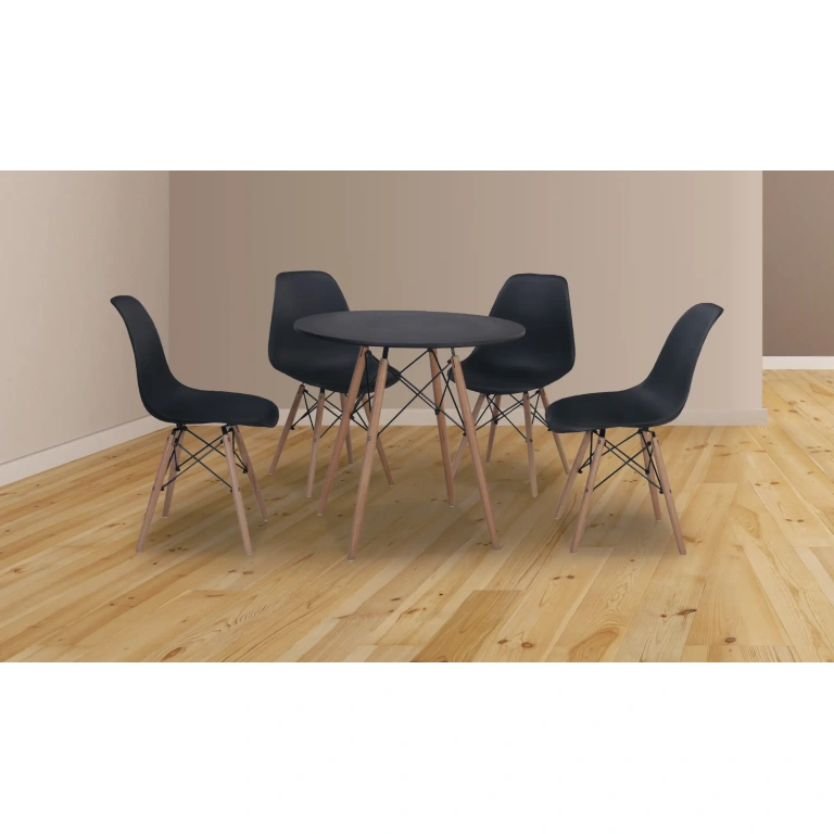 Conjunto mesa redonda y 4 sillas Dinamarca negras con patas de madera