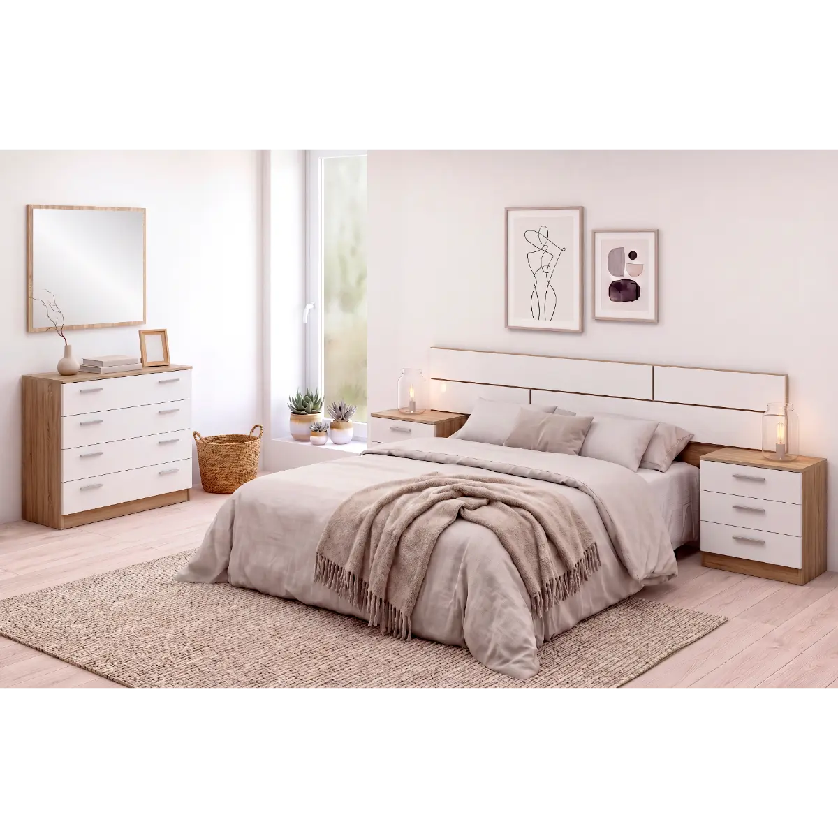 dormitorio-monika-02-cambrian-blanco Dormitorio Monika 02 completo en color Cambria-blanco, con cabecero, mesitas, cómoda y espejo mural.