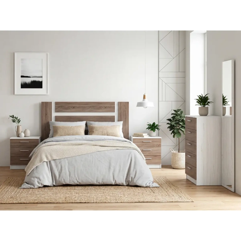 dormitorio monika 03 en color andersen pino y gris con cabecero,mesitas y sinffonier