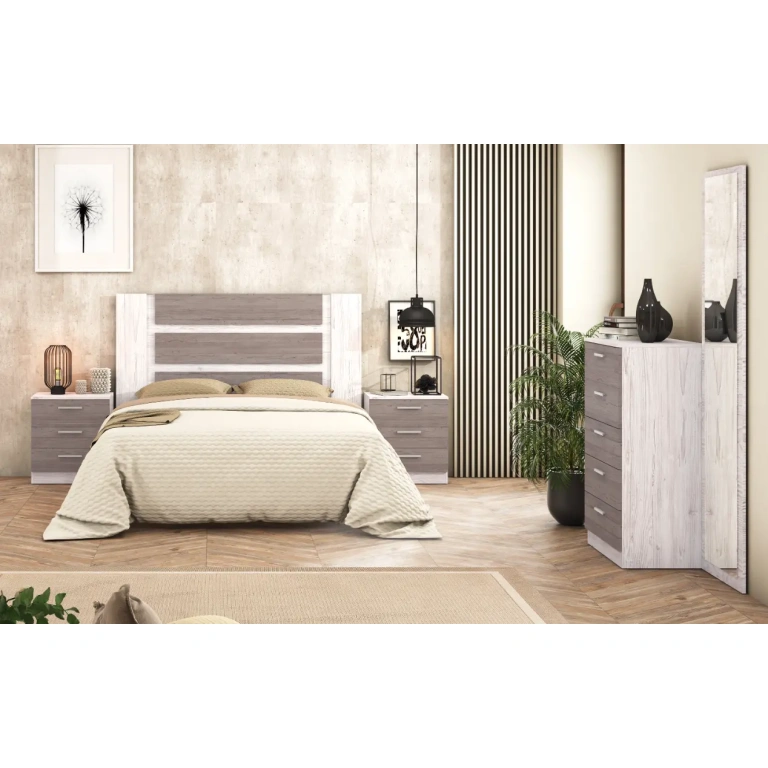 dormitorio monika 03 en color andersen pino y gris con cabecero,mesitas y sinffonier
