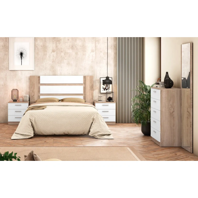 Dormitorio Monika 03 en cambria y blanco, con cabecero,mesitas y sinffonier