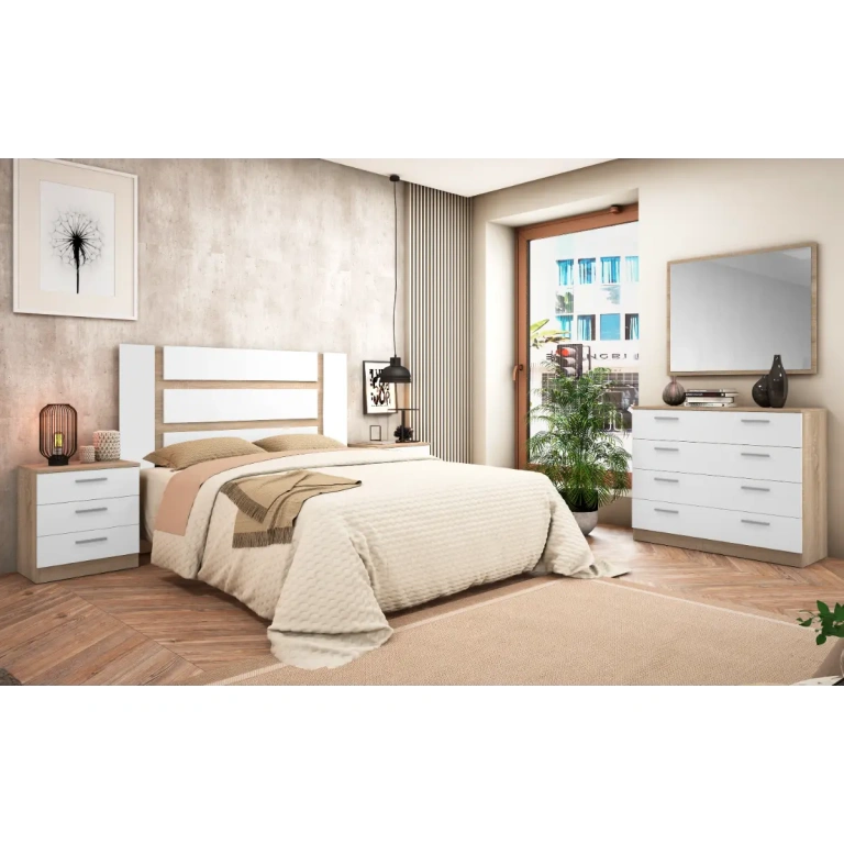Dormitorio Monika 04 en acabado Cambria-blanco con cabecero, mesitas, cómoda y espejo.
