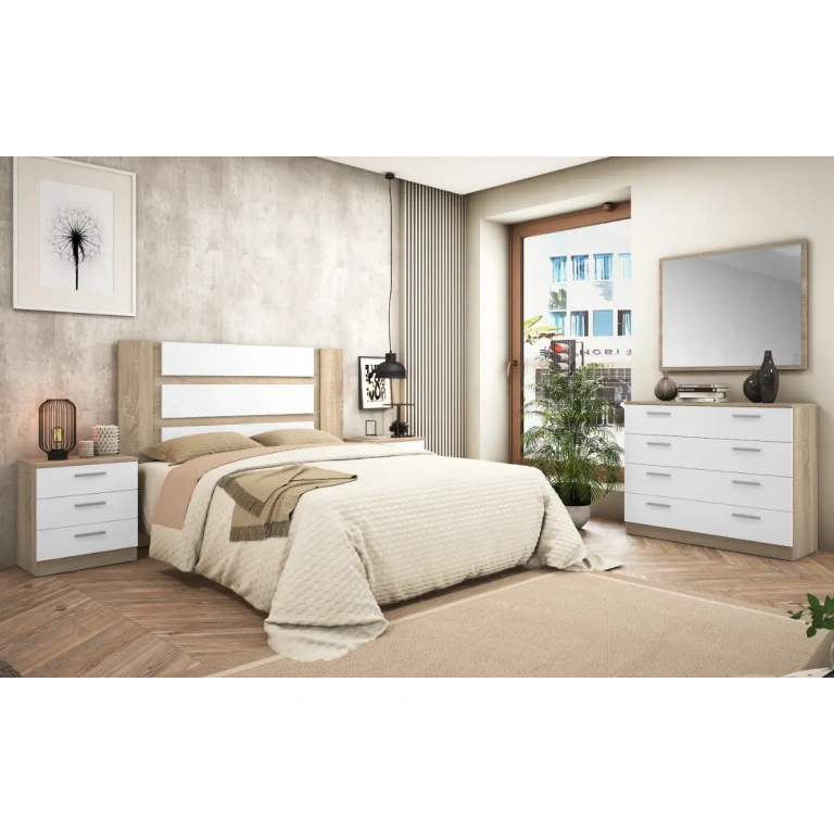 Dormitorio Monika 04 en acabado Cambria-blanco con cabecero, mesitas, cómoda y espejo.