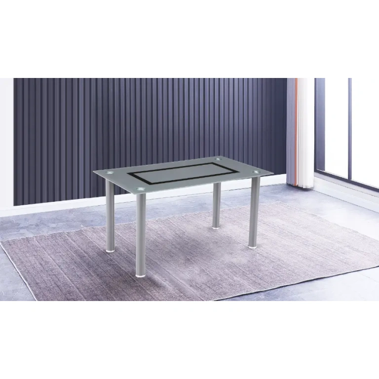 Mesa de comedor Axiss gris con patas metálicas.