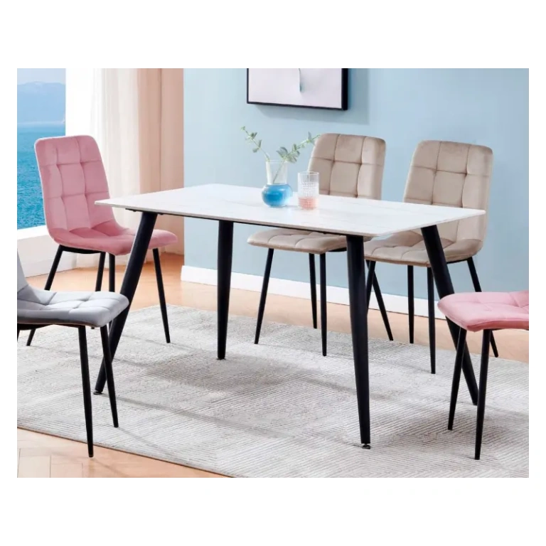 Mesa comedor fija JULIA blanca con vetas doradas y patas negras