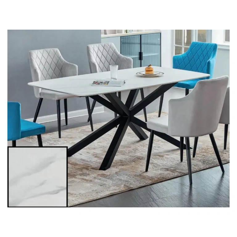 Mesa de comedor fija KARINA blanca con vetas grises y patas negras