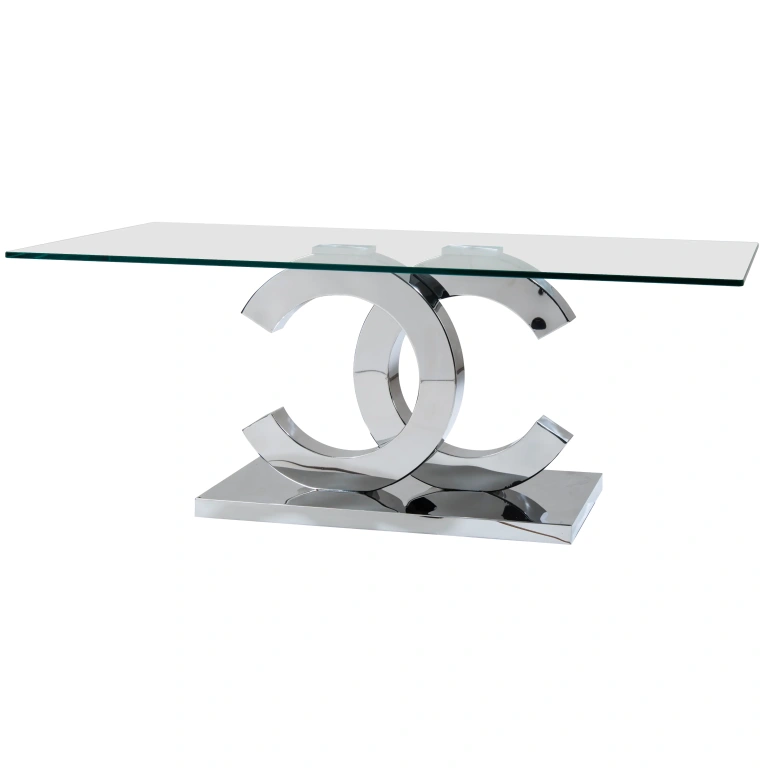 Mesa de comedor Luna con tapa de cristal templado y patas cromadas