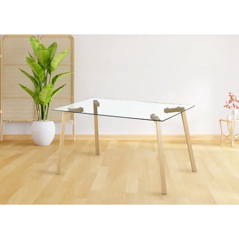 Mesa de cristal Sullie con patas de acero pintado color madera