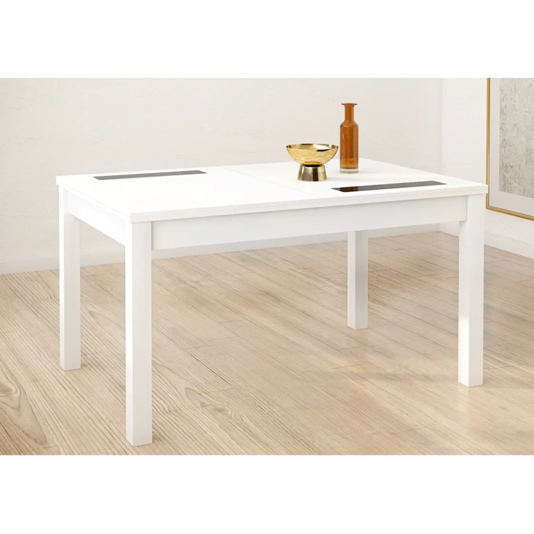 Mesa extensible cristales Lara en blanco con cristales negros y patas de DM