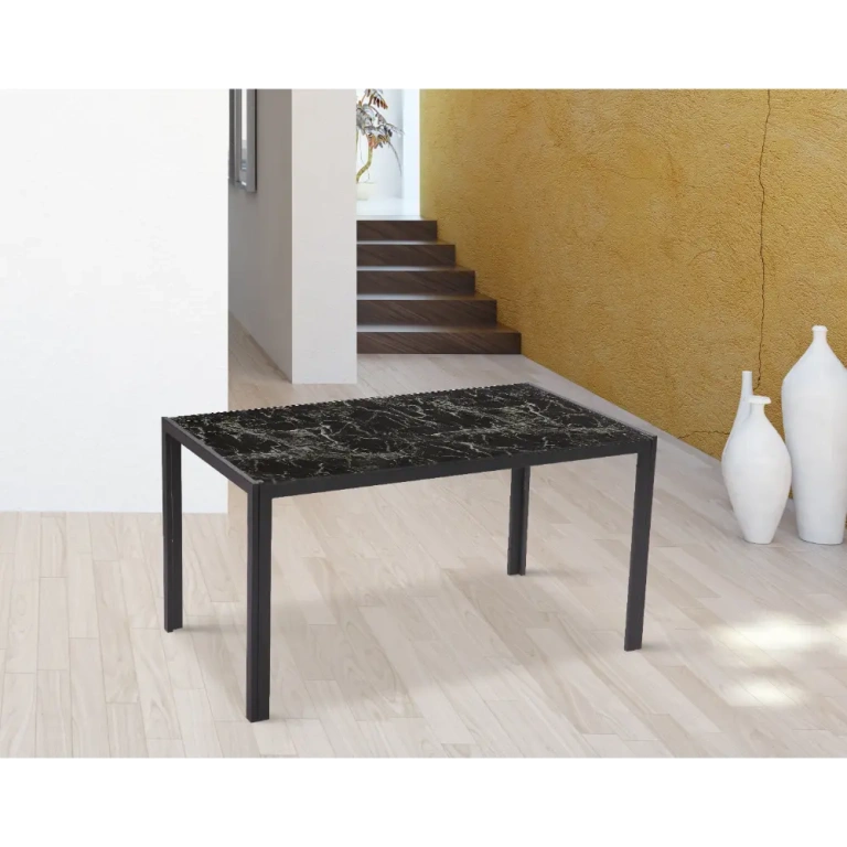 Mesa fija MARMOL con tapa de cristal templado efecto mármol negro y patas metálicas negras