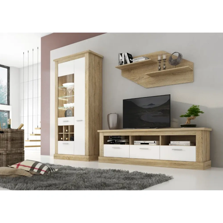 Conjunto de salón Chellen 01 en cambria-blanco con vitrina LED, bajo TV y estantes decorativos