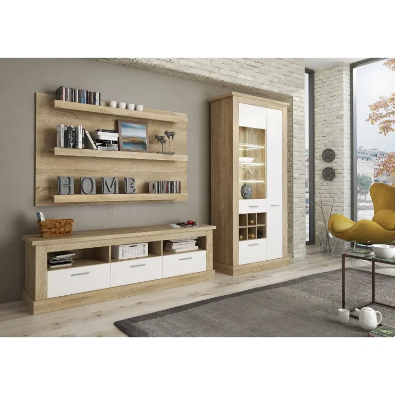 salón Chellén 02 en cambria-blanco con vitrina iluminada