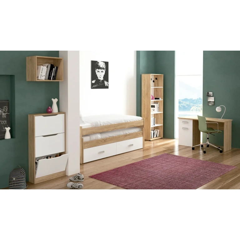 Dormitorio juvenil Champion 08 color cambria-blanco cama compacta mesa estudio estantería Muebles Juvial