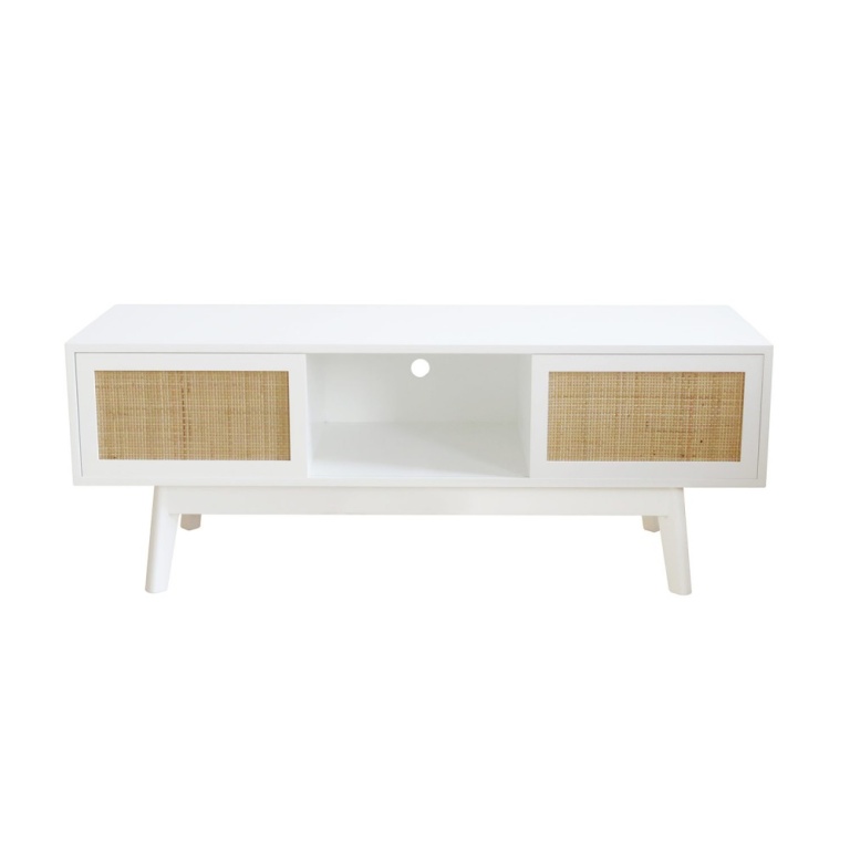 Mueble TV Blanco Vesta con puertas de ratán, estructura de fresno blanco y patas de pino