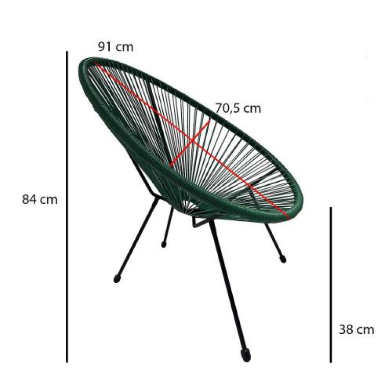 Silla de exterior Acapulco en acero negro y ratán sintético verde para jardín o terraza medidas