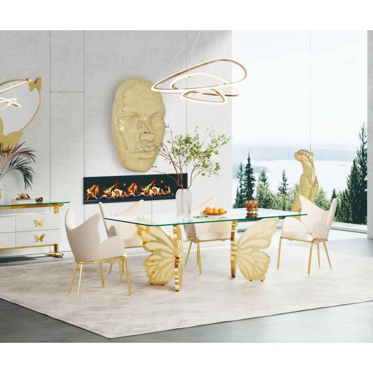 Mesa Rectangular Mariposa de diseño italiano con estructura de acero dorado y tapa de cristal