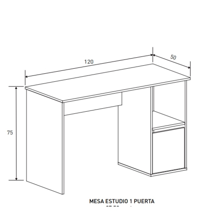 medidas Mesa Estudio Aura, fabricada en melamina resistente, con 1 puerta integrada para almacenamiento.