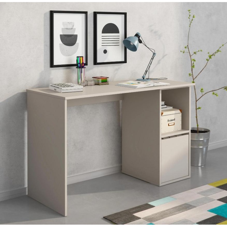 Mesa Estudio Aura en color beige, fabricada en melamina resistente, con 1 puerta integrada para almacenamiento.