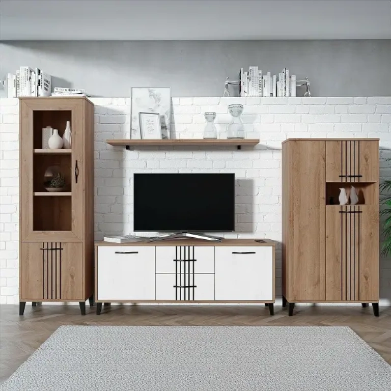 Mueble de salón Dakota 04 en roble y blanco, diseño modular para salones modernos.