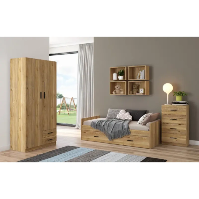 Dormitorio Juvenil Aura en mauvella con cama nido, armario y sinfonier.