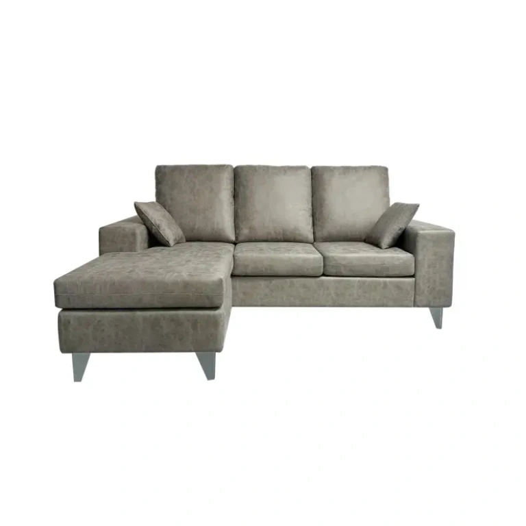 Sofá chaise longue Duque con tapizado en microfibra color cemento, incluye módulo móvil y cojines,visto frente izquierda