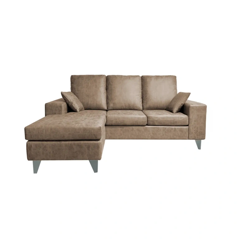 Sofá chaise longue Duque con tapizado en microfibra color piedra, incluye módulo móvil y cojines vista izquierda