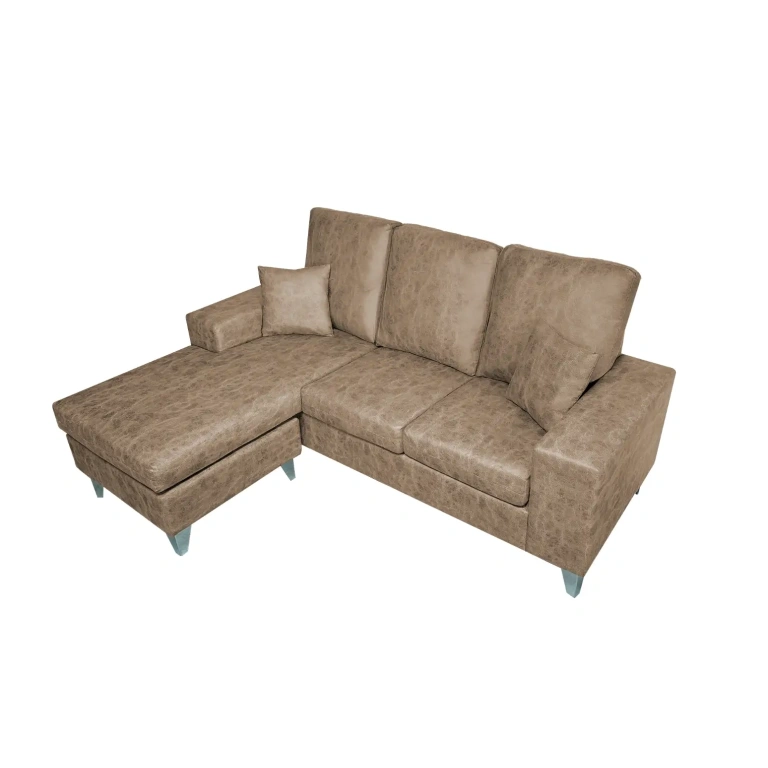 Sofá chaise longue Duque con tapizado en microfibra color piedra, incluye módulo móvil y cojines visto desde arriba