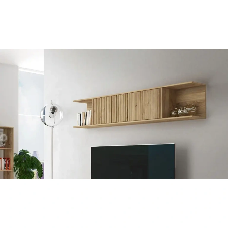 Alto de 1 puerta Solana en melamina Mauvella-rayas montado sobre pared de salón moderno
