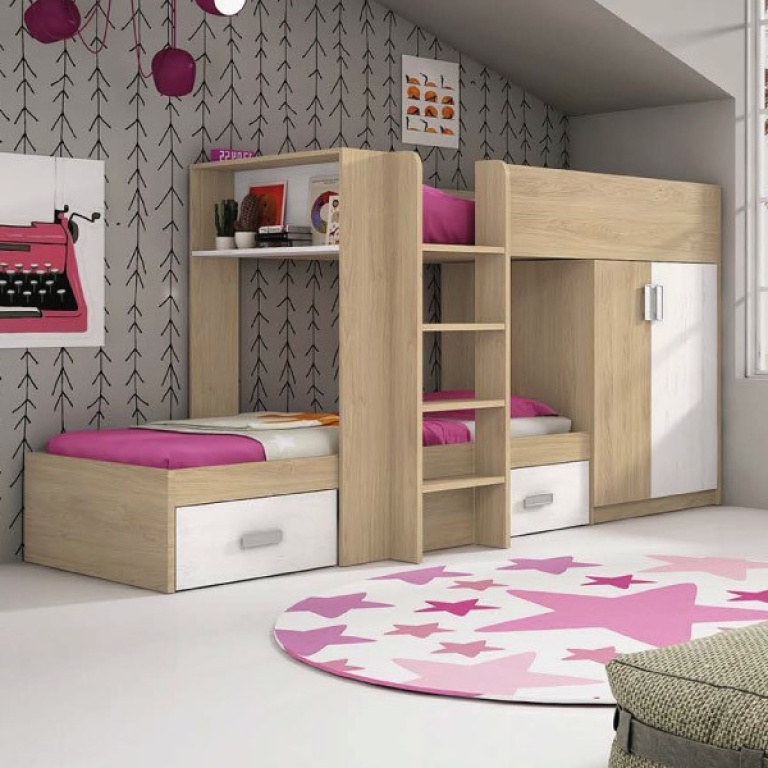 Cama Tren Donald en color Puccini-Andersen con armario, dos camas y cajones