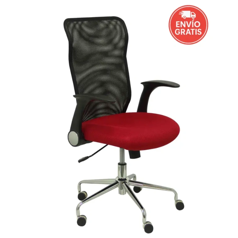 Silla Minaya roja con respaldo de malla negra y brazos retráctiles.