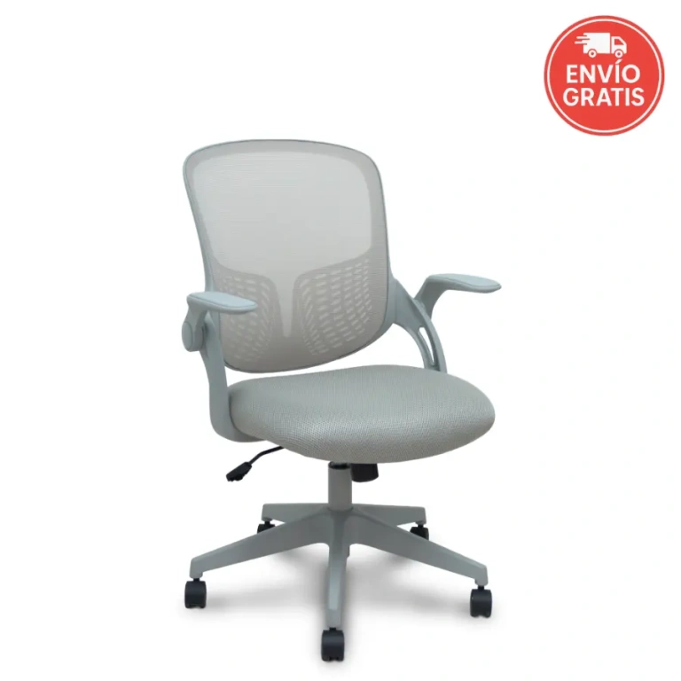 Silla Opti544 gris con respaldo de malla y brazos retráctiles.