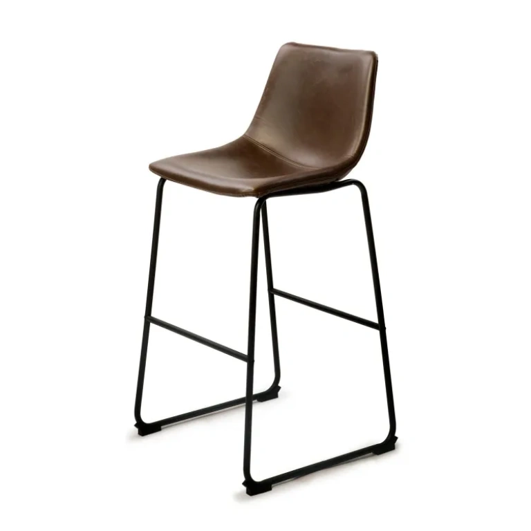 Taburete Tolix Vintage en color marrón con estructura metálica negra y asiento tapizado