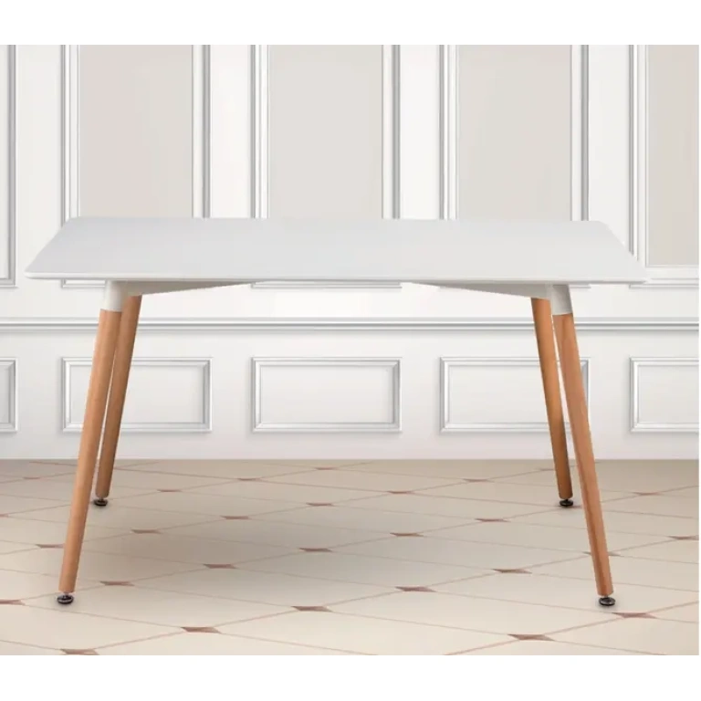 mesa de comedor blanca estilo escandinavo con patas de madera natural